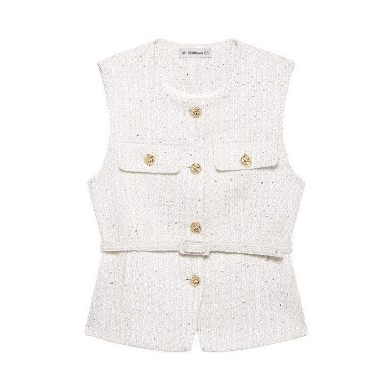 Fashionable Casual  Style Women's Vest with Belt Texture