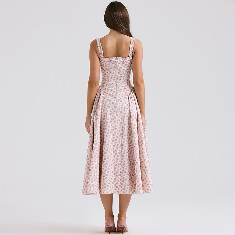 Elegant Off-the-Shoulder Backless Floral Print Dress Women's Floral