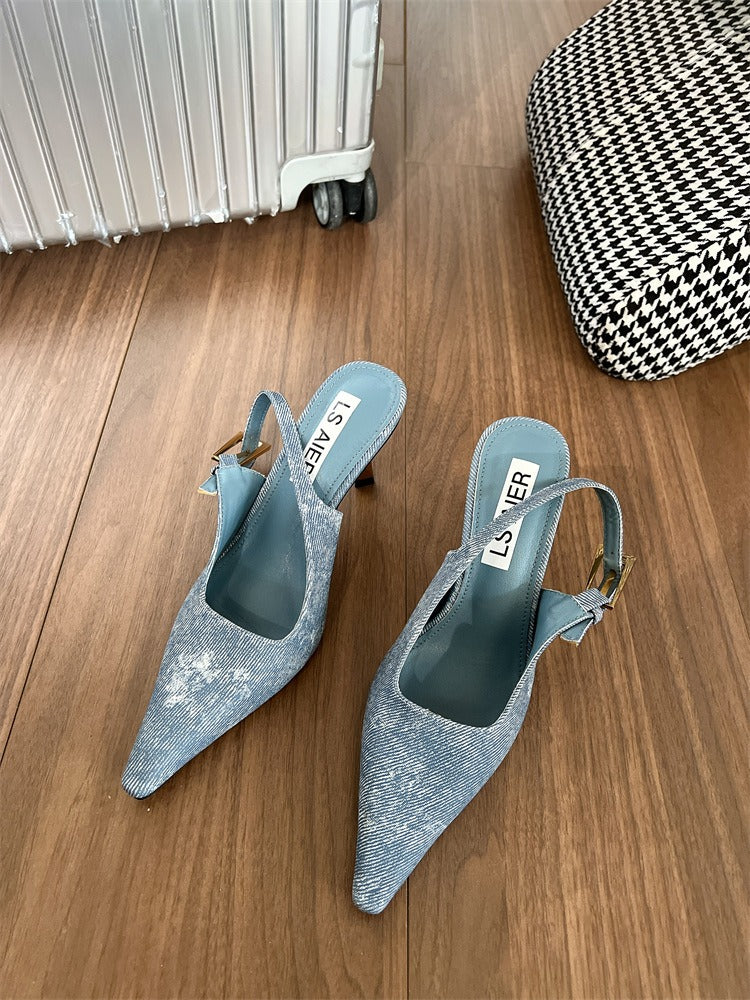 Fashionable temperament European and American style denim leopard print shoes for women stiletto high heels for women