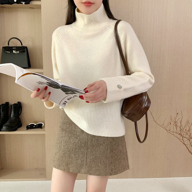 Thick Knitted Sweater for Women with High Neck and Loose Fit Design