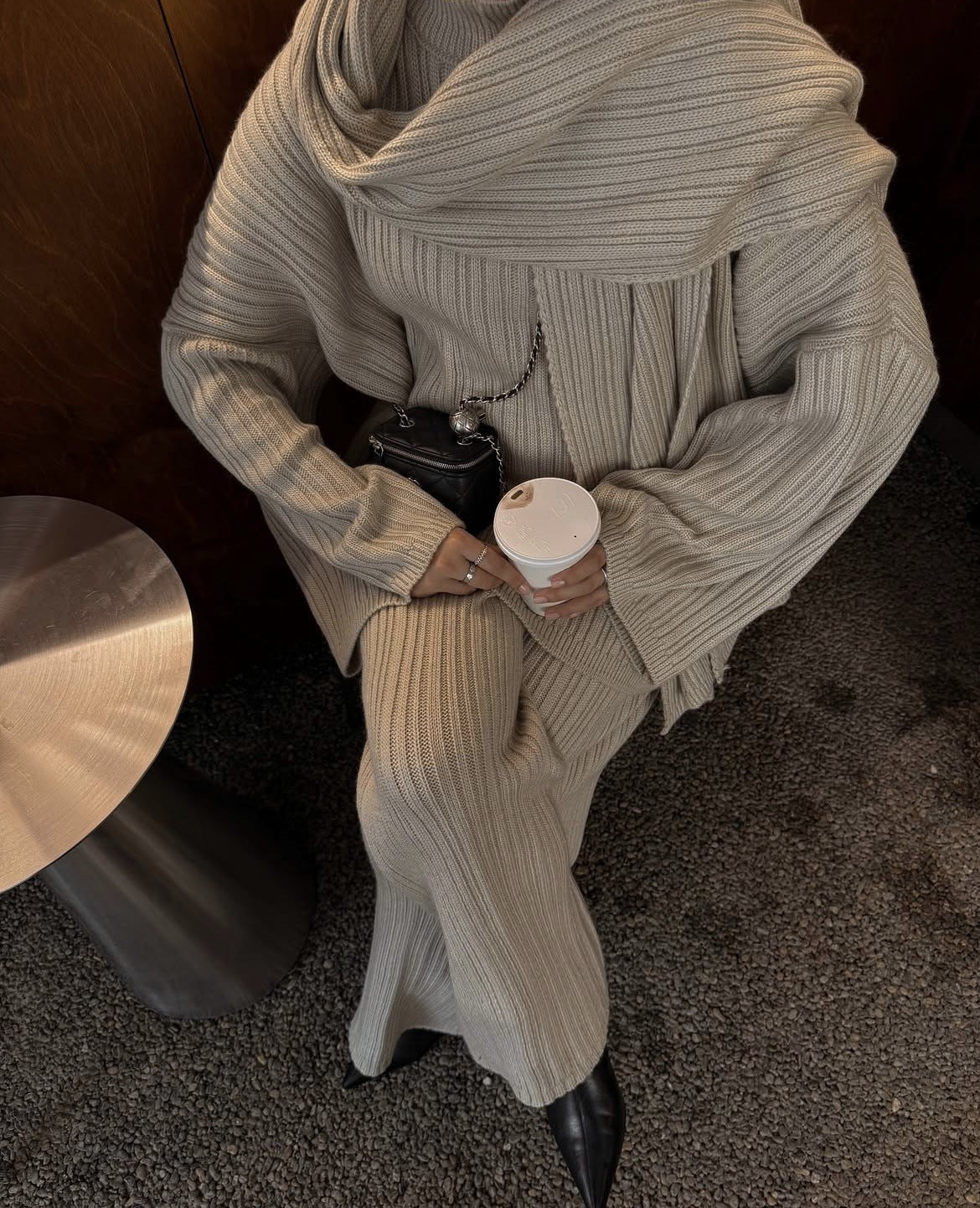 Solid Color Round Neck Cable Knit Sweater Set Women's Loose Knit Sweater Wide Leg Pants Scarf Three-Piece Set