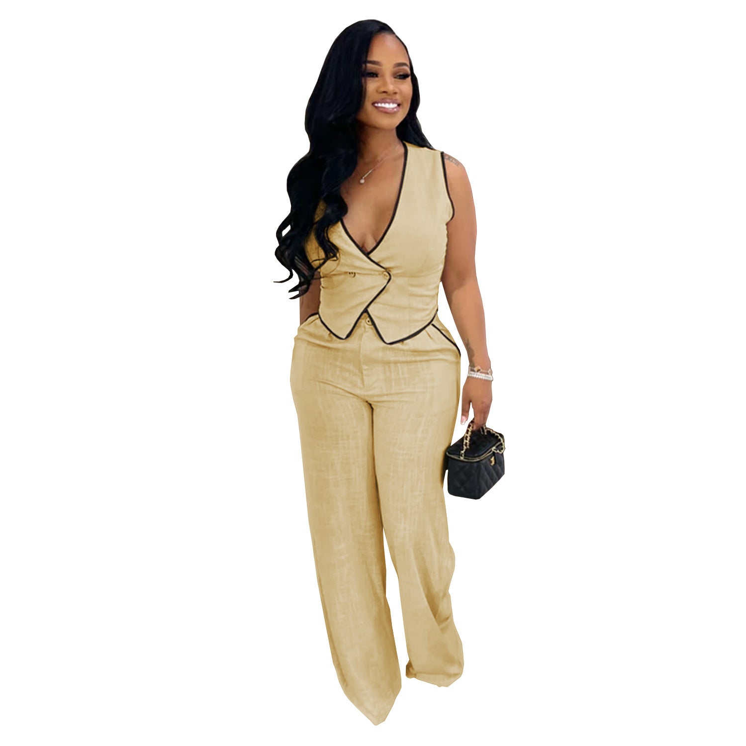 Women's V-neck Button Top and Long Pants Two-piece Set