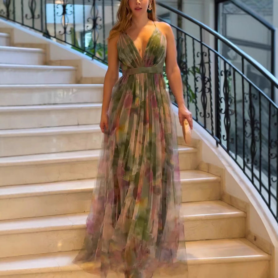 Spring and Summer New Mesh Printed Strapless Dress INS Holiday Leisure Flared Dress for Women