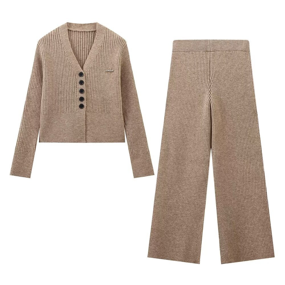 V-Neck Long Knit Cardigan and High-End Casual Trousers with Vertical Stripes Knit Set for Women
