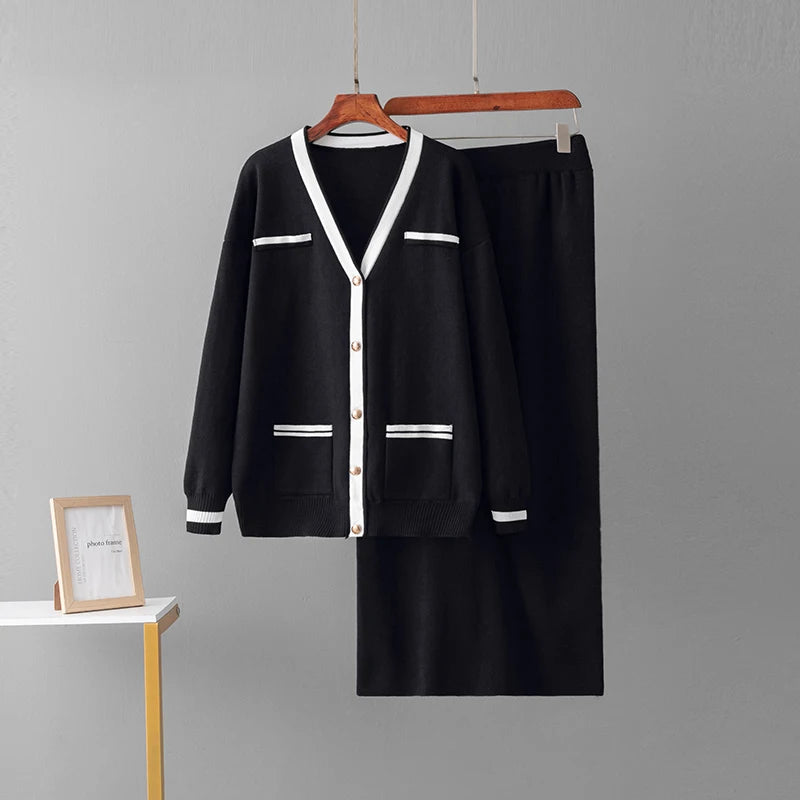 Autumn Winter New Women's Knitted Skirt Sets Fashion Pockets Cardigan V-Neck Sweaters Skirts Suits Thicken Knit Two Piece Sets