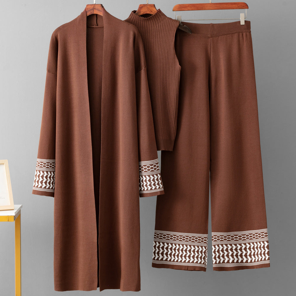 Women Cape Coat + Round Neck Knitted Top + Wide Leg Trousers Three-piece Set