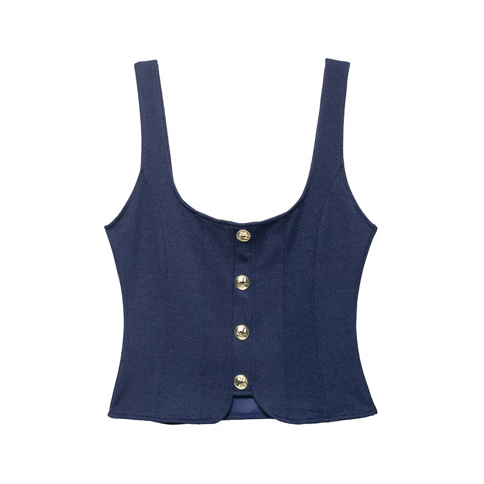 Women's Fashion Button Decorated Twill Top + Waistband Twill Pants Set