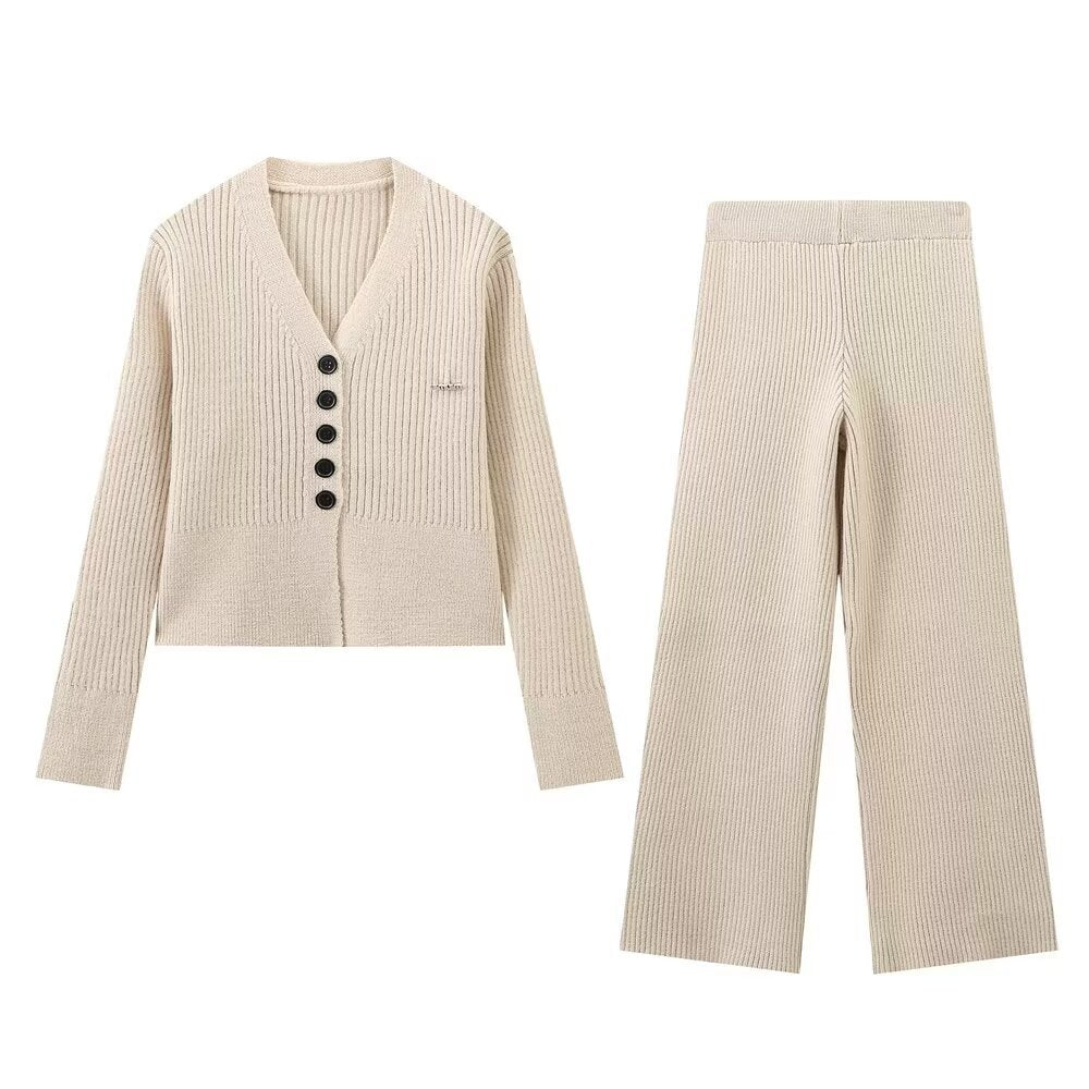V-Neck Long Knit Cardigan and High-End Casual Trousers with Vertical Stripes Knit Set for Women