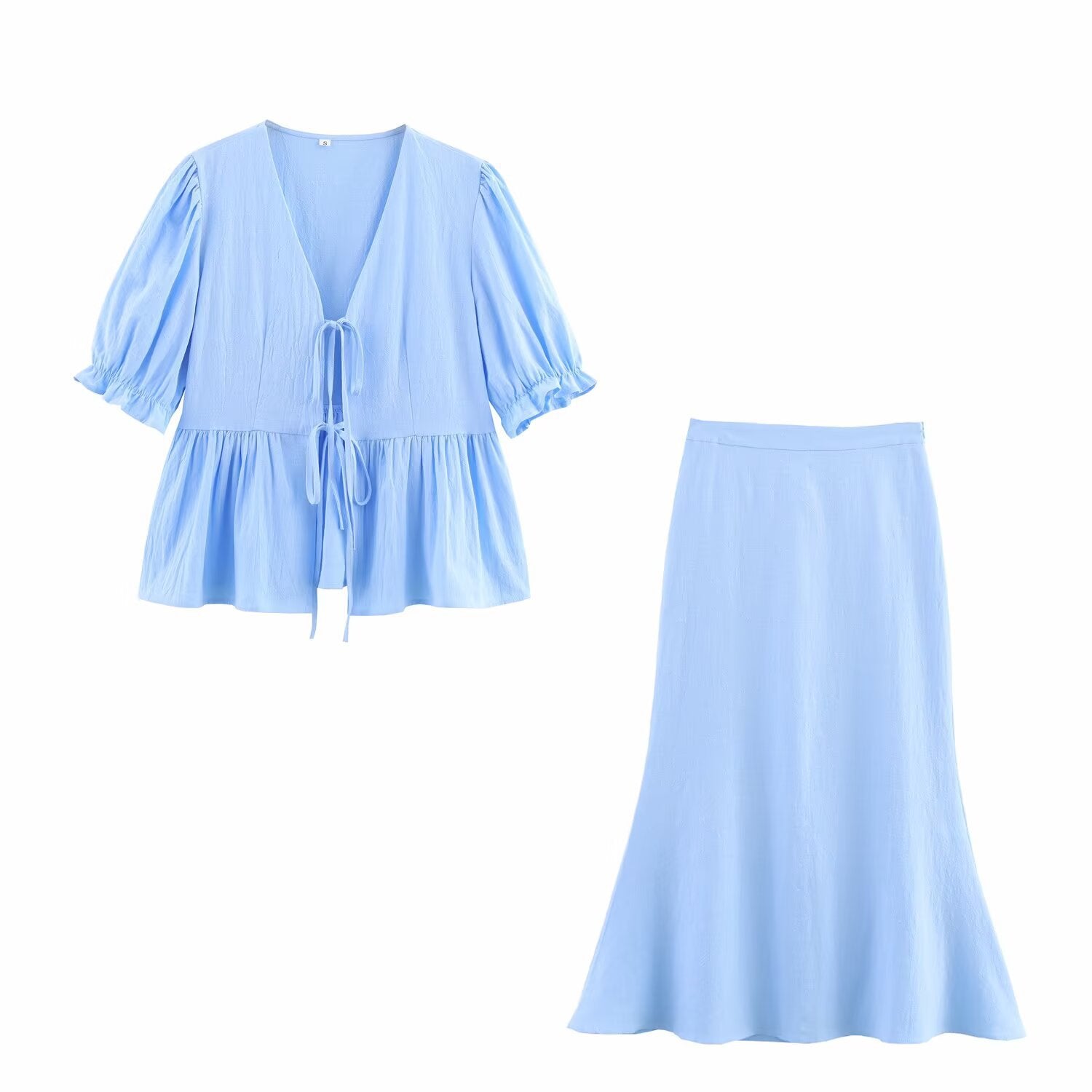 Women's Bubble Sleeve V-neck Tied Top and Skirt Set