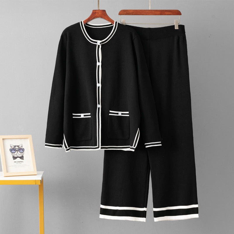 Round neck long sleeved cardigan pocket jacket straight leg pants two-piece set