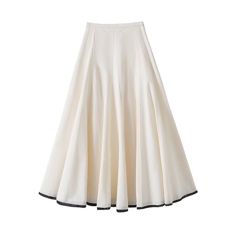 High waist contrasting color edge A-line mid length skirt for women