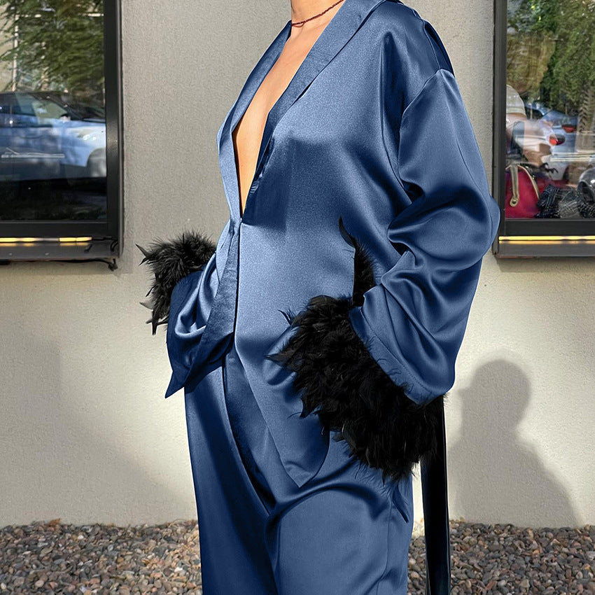 Loose sleepwear long sleeved feather cardigan long pants two-piece set