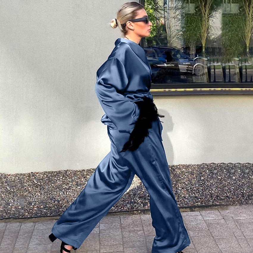 Loose sleepwear long sleeved feather cardigan long pants two-piece set