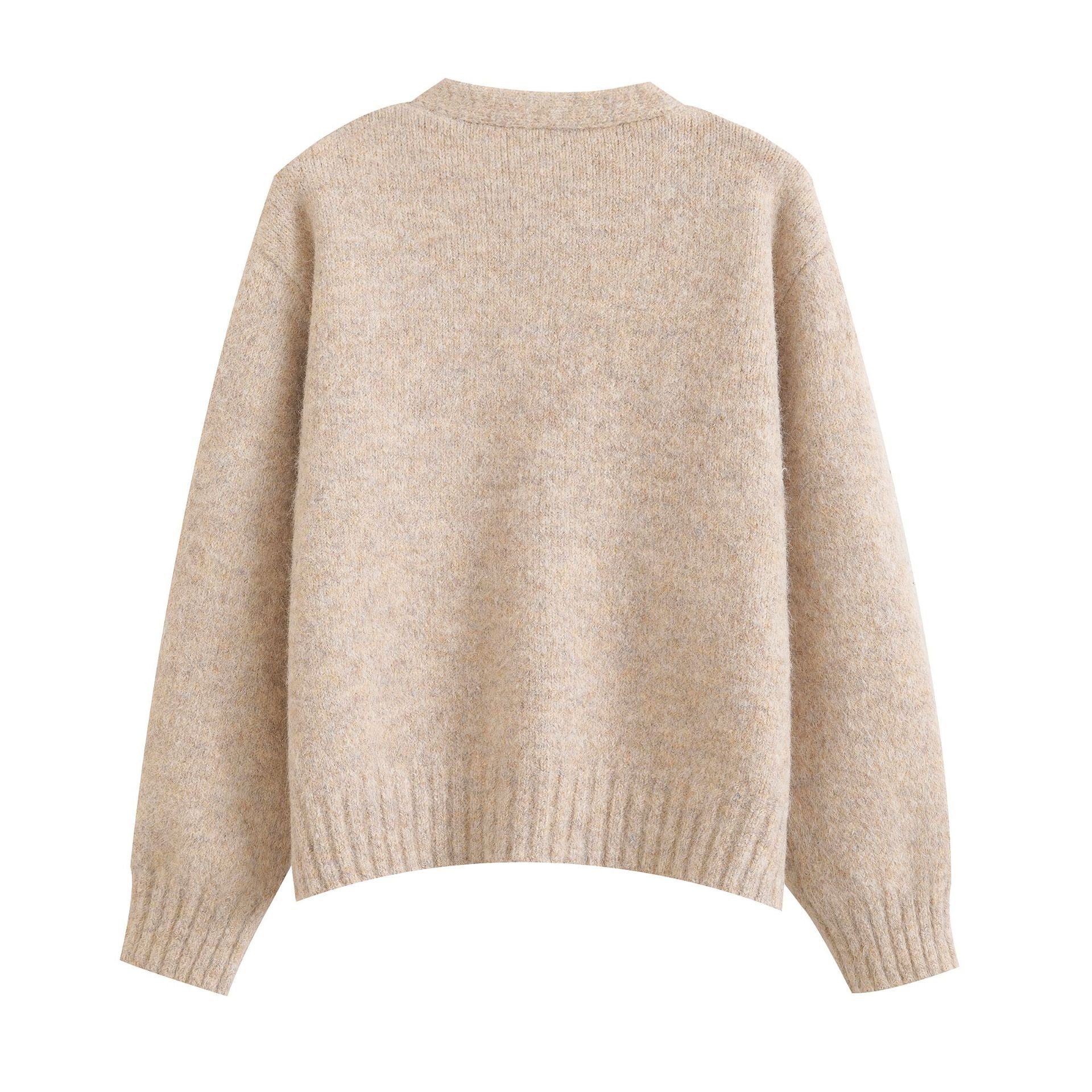 Retro mixed color V-neck soft and loose cardigan knit sweater