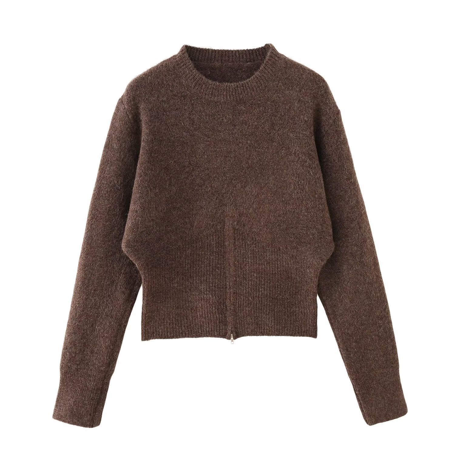 Bottom zipper round neck long sleeved pullover sweater