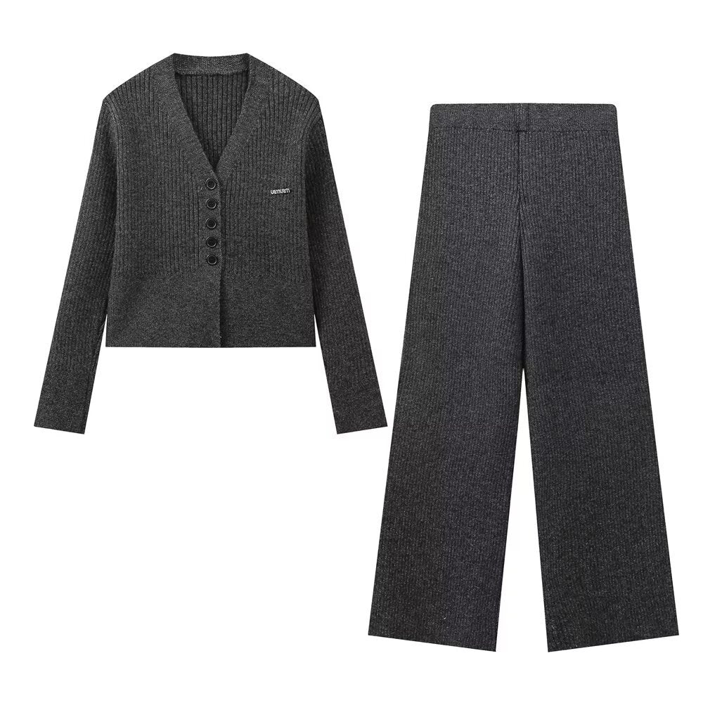 V-Neck Long Knit Cardigan and High-End Casual Trousers with Vertical Stripes Knit Set for Women