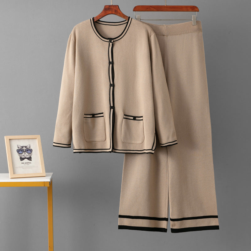 Round neck long sleeved cardigan pocket jacket straight leg pants two-piece set