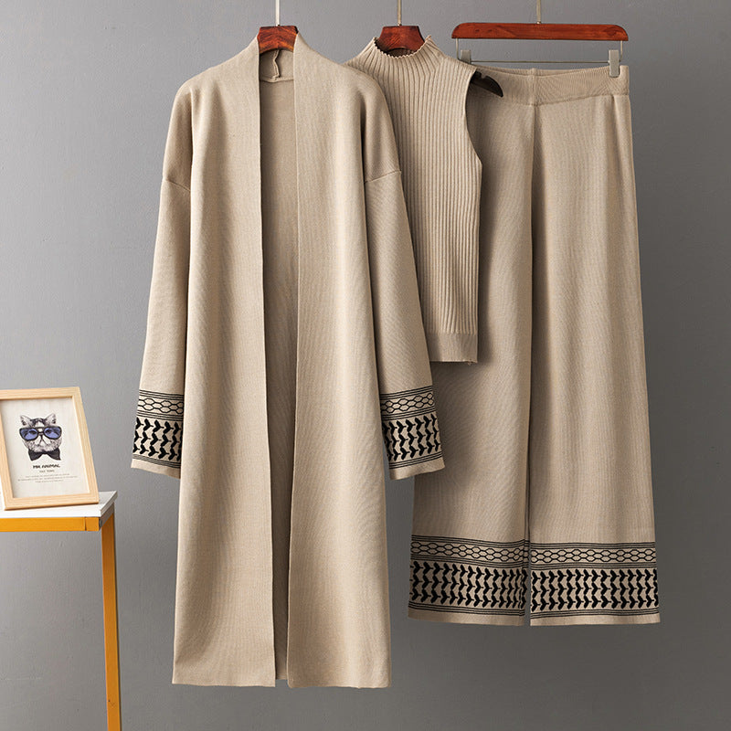 Women Cape Coat + Round Neck Knitted Top + Wide Leg Trousers Three-piece Set