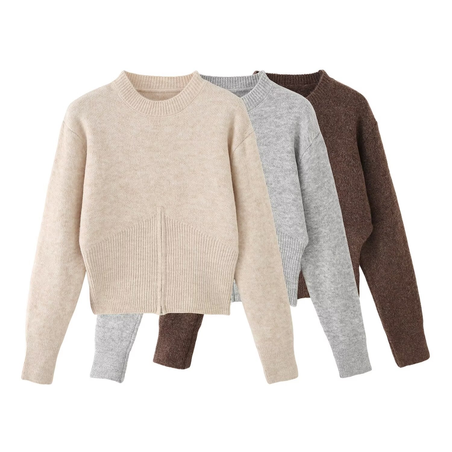 Bottom zipper round neck long sleeved pullover sweater