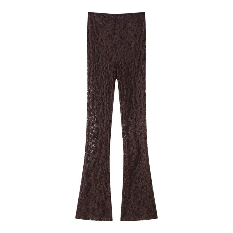Style Women's Fashionable Lace Top with Scarf Decoration and Flare Pants