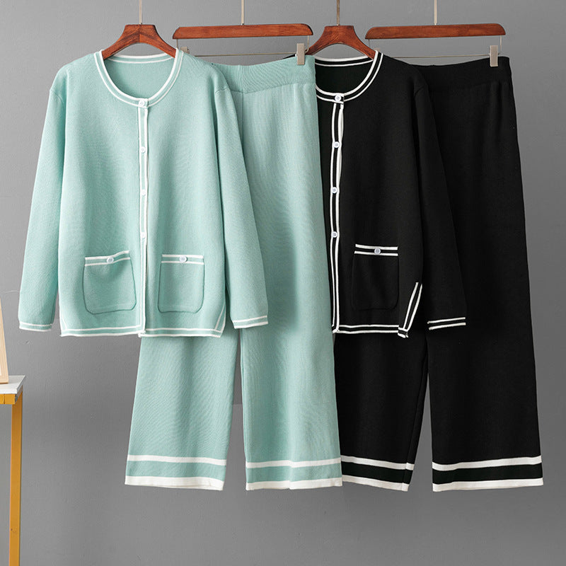 Round neck long sleeved cardigan pocket jacket straight leg pants two-piece set
