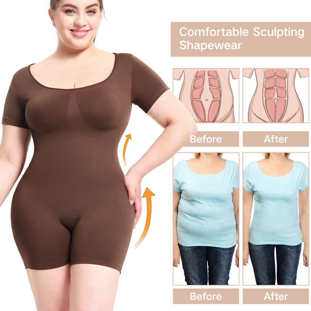 Waist-Cinching Bodysuit for Women Shapewear Short Sleeve Bodysuit with Butt-Lifting Effect