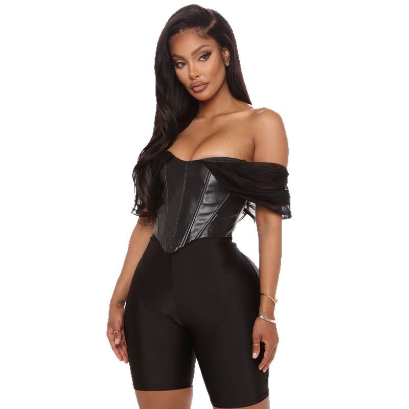 Women's Mesh Sleeve PU One-Shoulder Worn Outside