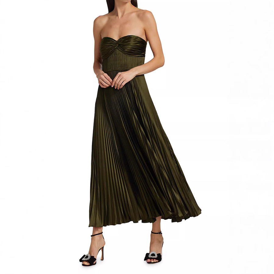 Pleated Wrap Chest Satin Dress INS Casual Vacation Zipper Dress