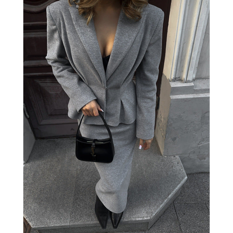 Fashion Waist-Cinching Elegant Blazer Jacket and Skirt Set