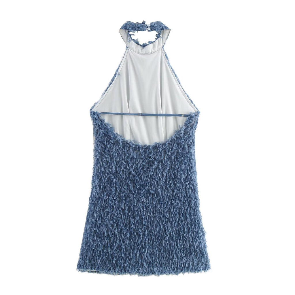Neck collar sleeveless backless waist cinched short skirt dress for women