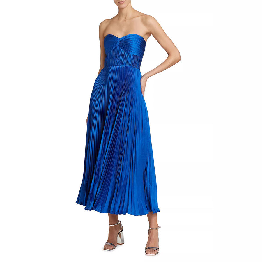 Pleated Wrap Chest Satin Dress INS Casual Vacation Zipper Dress