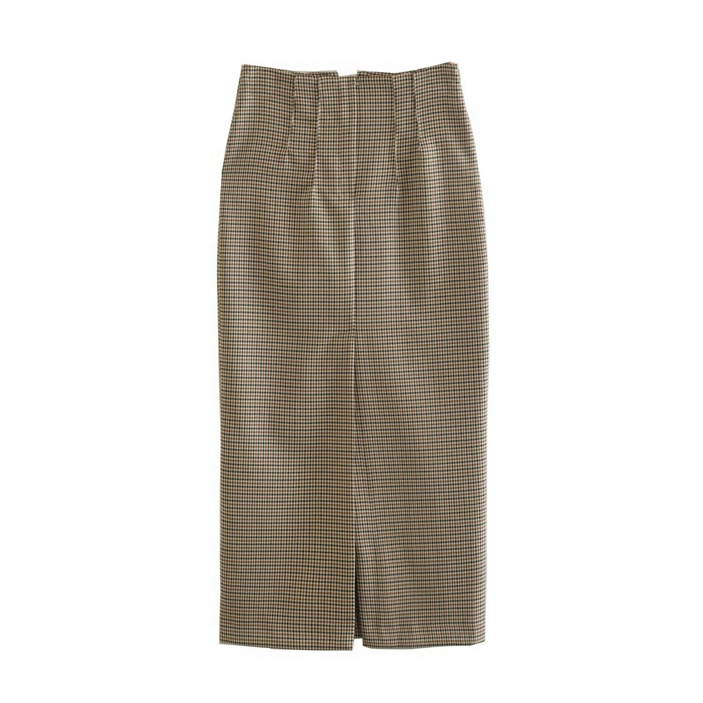 Women's plaid straight tube skirt with split skirt