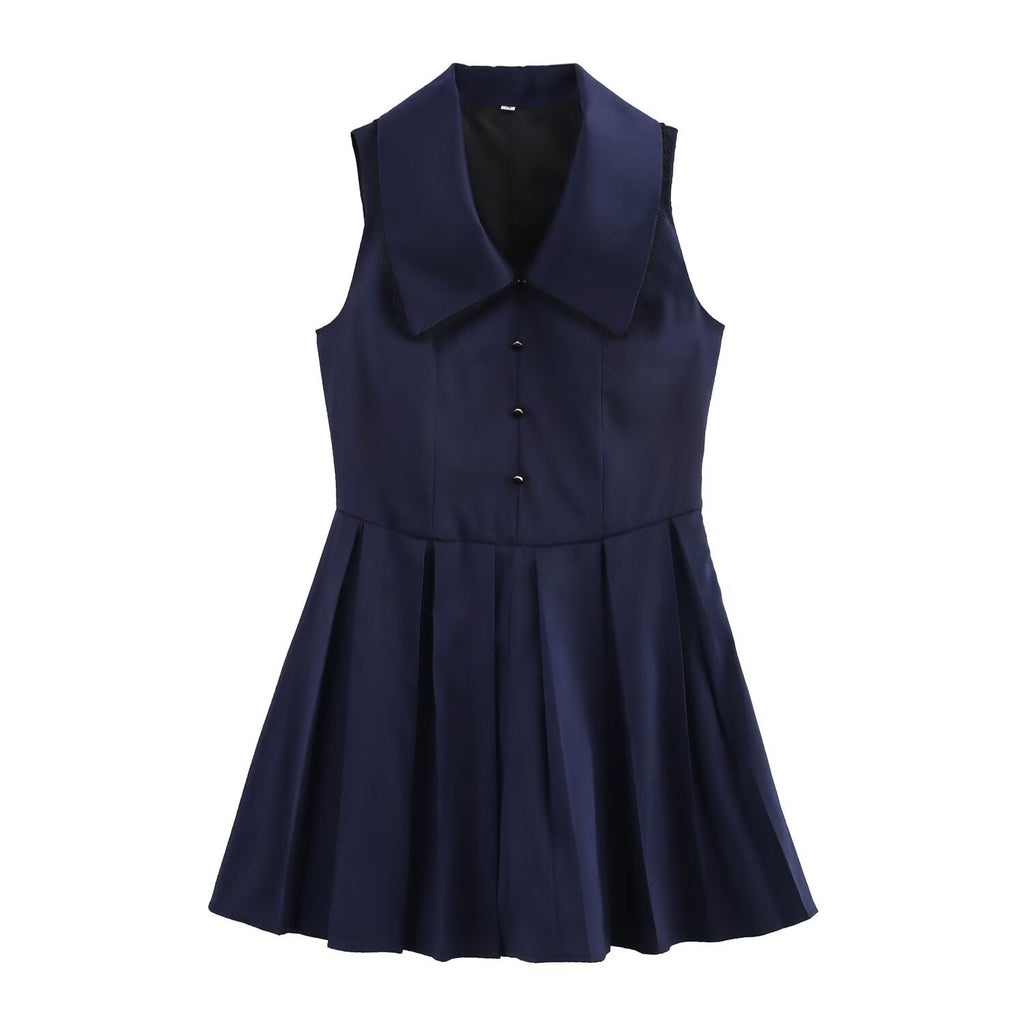 Collar sleeveless three button waist cinched short skirt dress for women