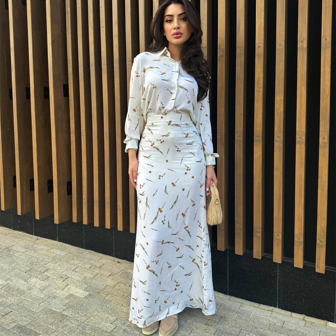 Suit Shirt and Skirt Set Women's Long Sleeve Printed Slim Dress