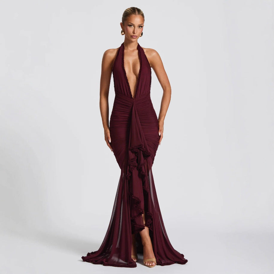 High-elastic Mesh Fitted Midi Dress with Strap Solid Color V-neck Dress
