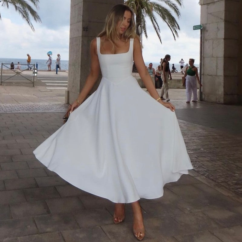 Square Neck Waist-Cinching A-Line Casual Sleeveless Strap Long Dress for Women