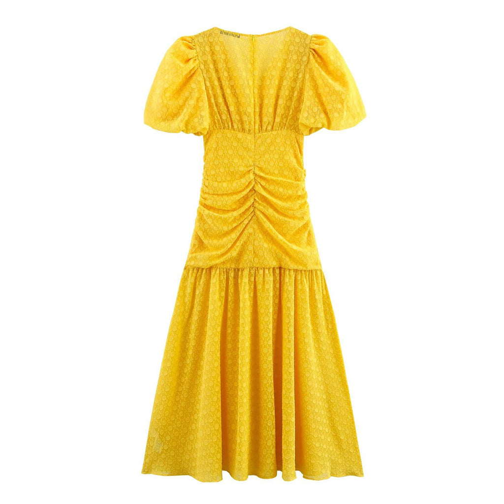 V-neck bubble sleeves slim fit and slimming yellow dress for women