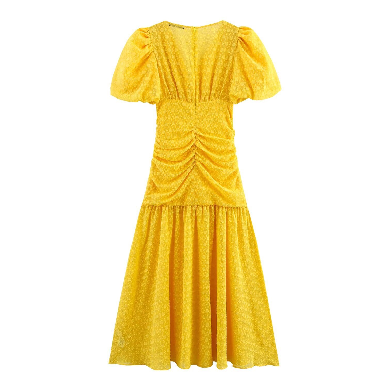 V-neck bubble sleeves slim fit and slimming yellow dress for women