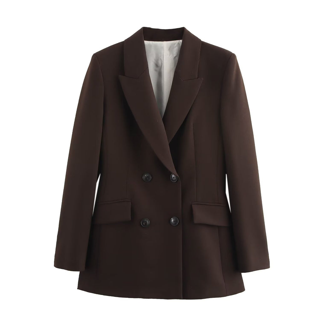 Fashionable double breasted suit jacket high waisted slim fit pants set