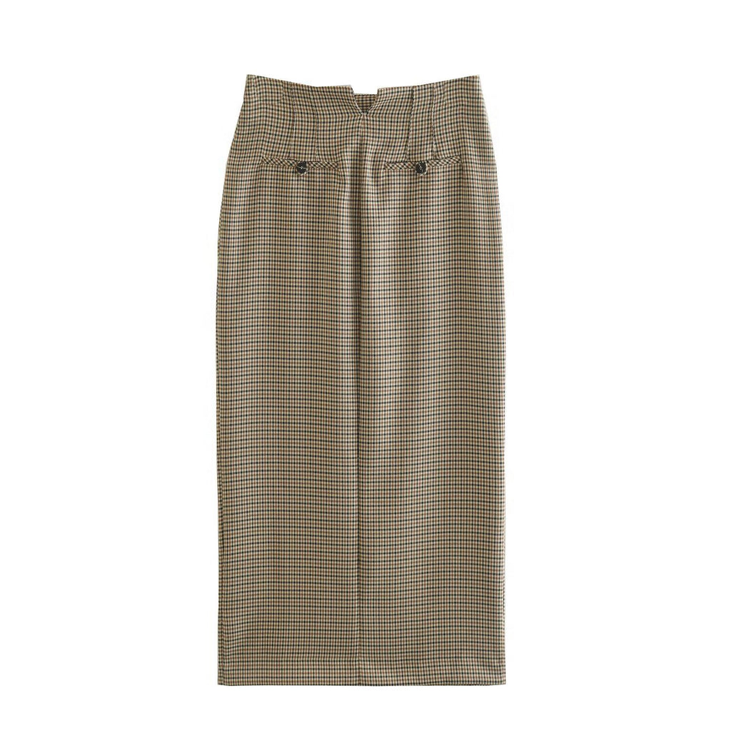 Women's plaid straight tube skirt with split skirt