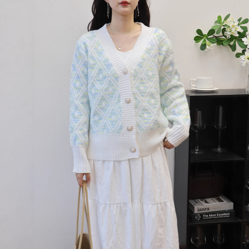 Retro Gentle Style Diamond Knit Cardigan Women Loose V-Neck Versatile Age-Reducing Sweater Jacket