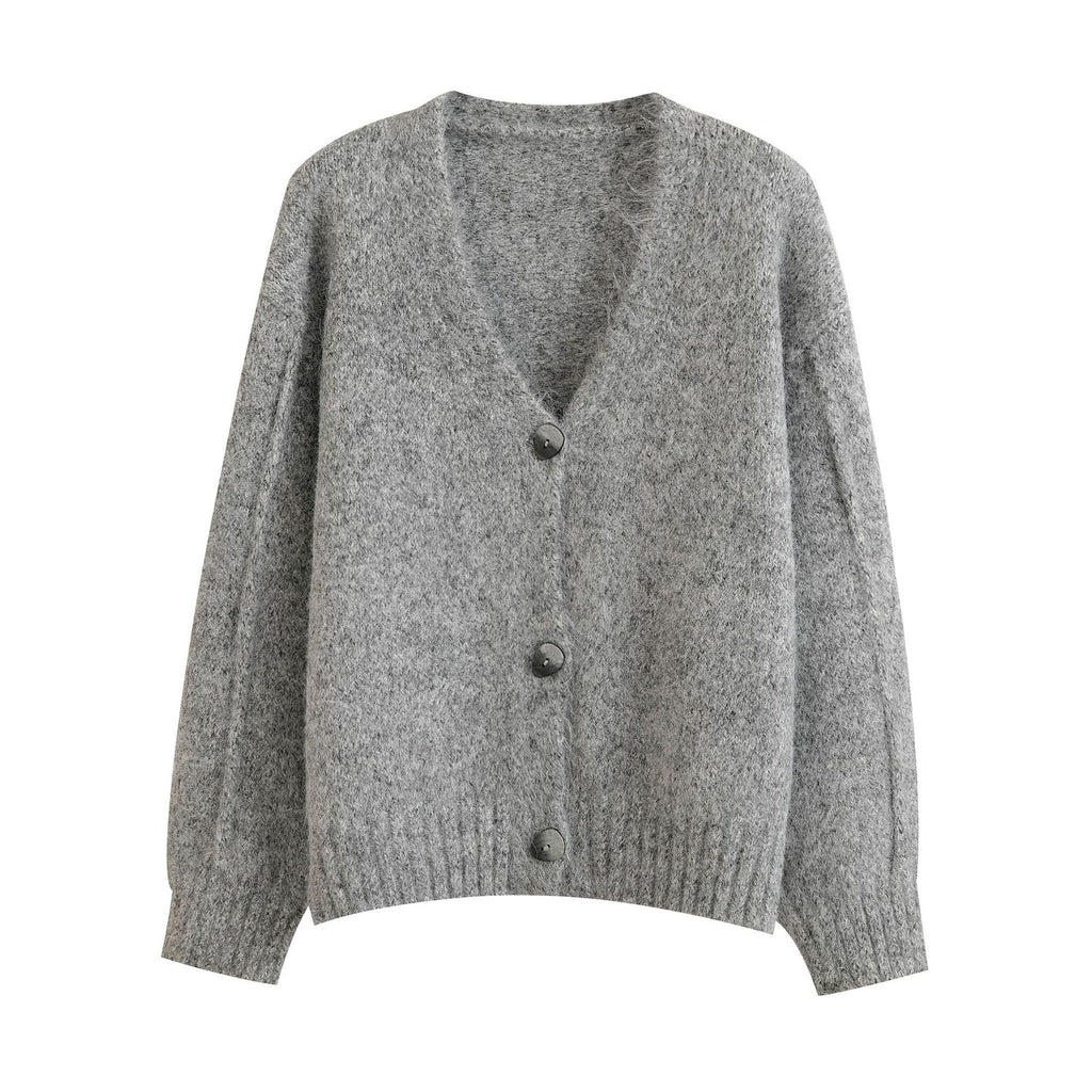 Retro mixed color V-neck soft and loose cardigan knit sweater