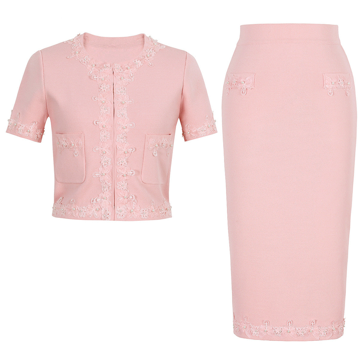 High-Quality Short Sleeve Elegant Beaded Floral Knit Top + Short Skirt Set