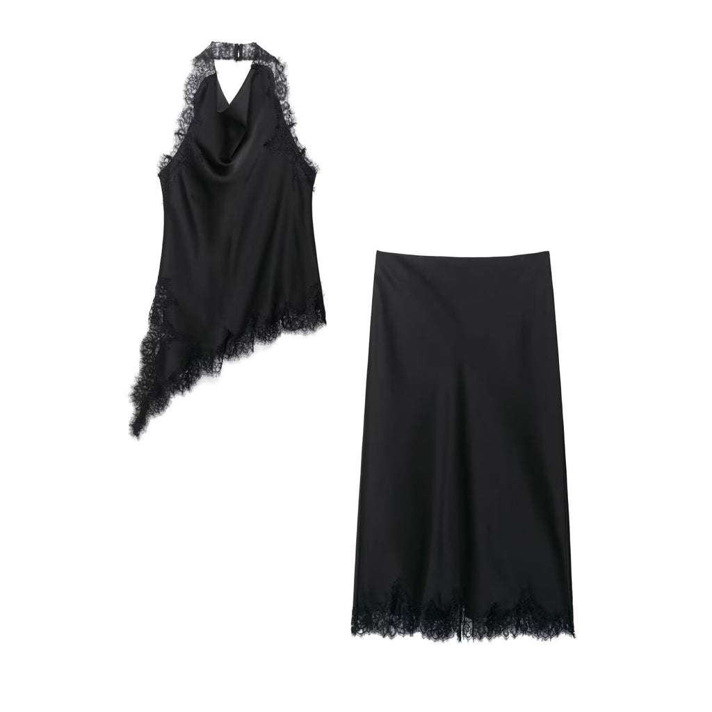 Women's Clothing INS Halter Lace Top + Satin Texture Skirt