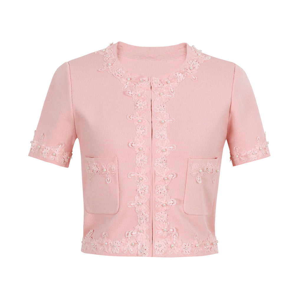 High-Quality Short Sleeve Elegant Beaded Floral Knit Top + Short Skirt Set