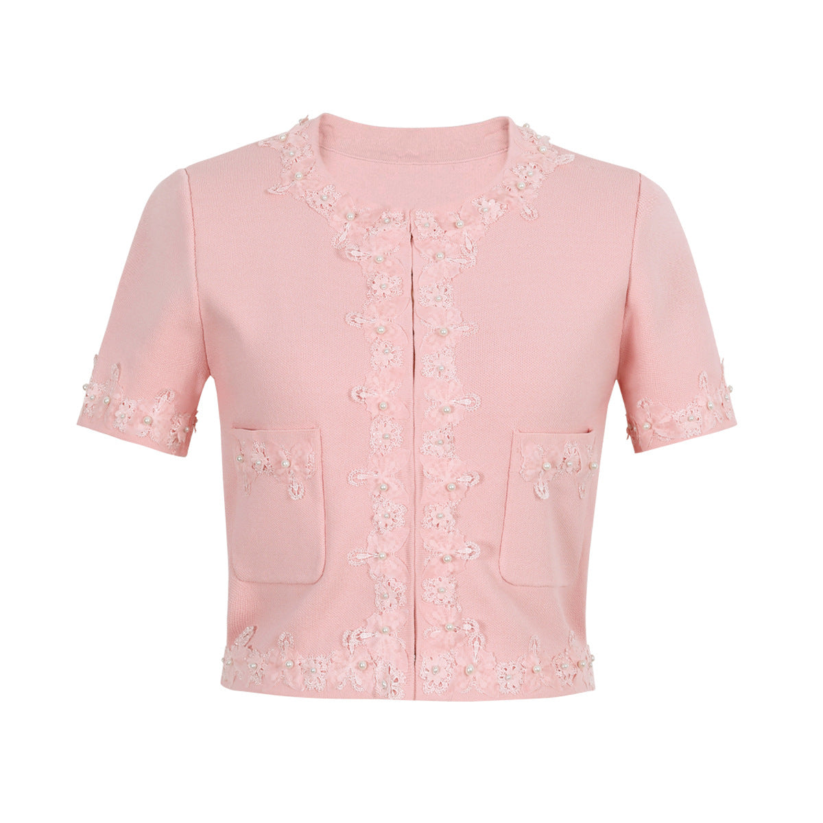 High-Quality Short Sleeve Elegant Beaded Floral Knit Top + Short Skirt Set