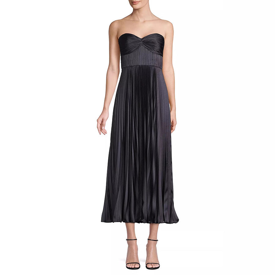Pleated Wrap Chest Satin Dress INS Casual Vacation Zipper Dress