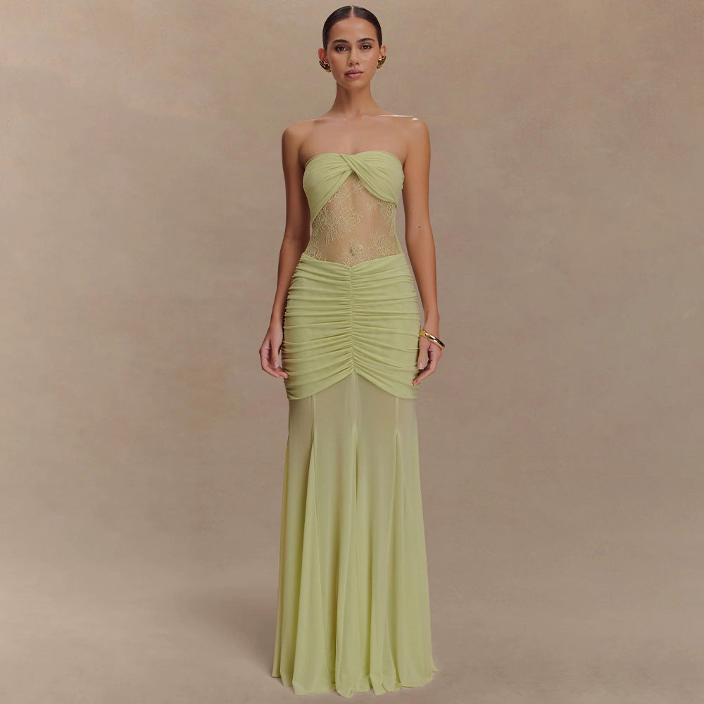 Women's strapless long dress with pleated perspective dress