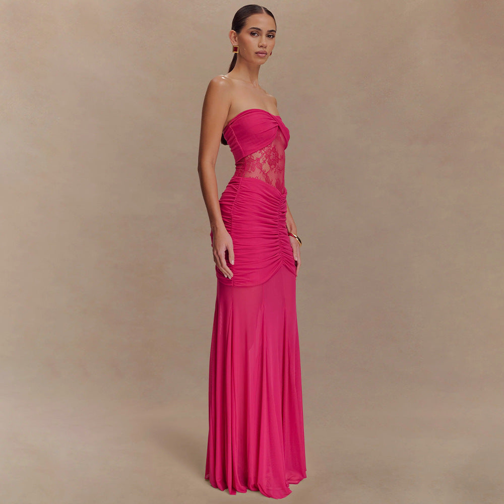 Women's strapless long dress with pleated perspective dress