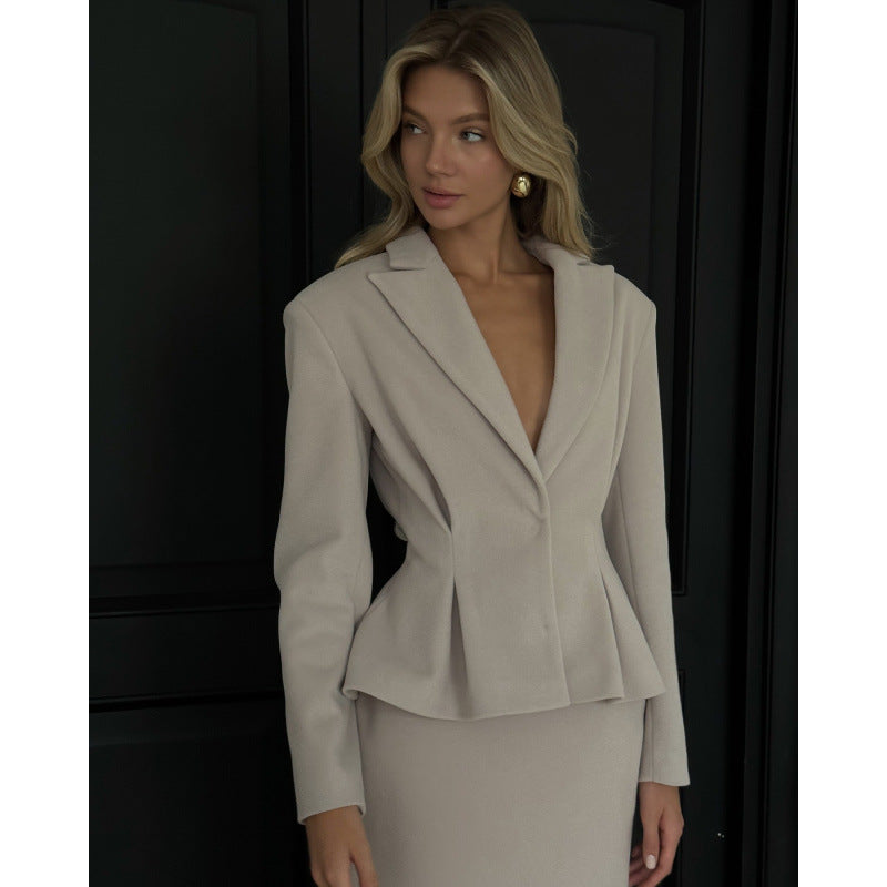 Fashion Waist-Cinching Elegant Blazer Jacket and Skirt Set